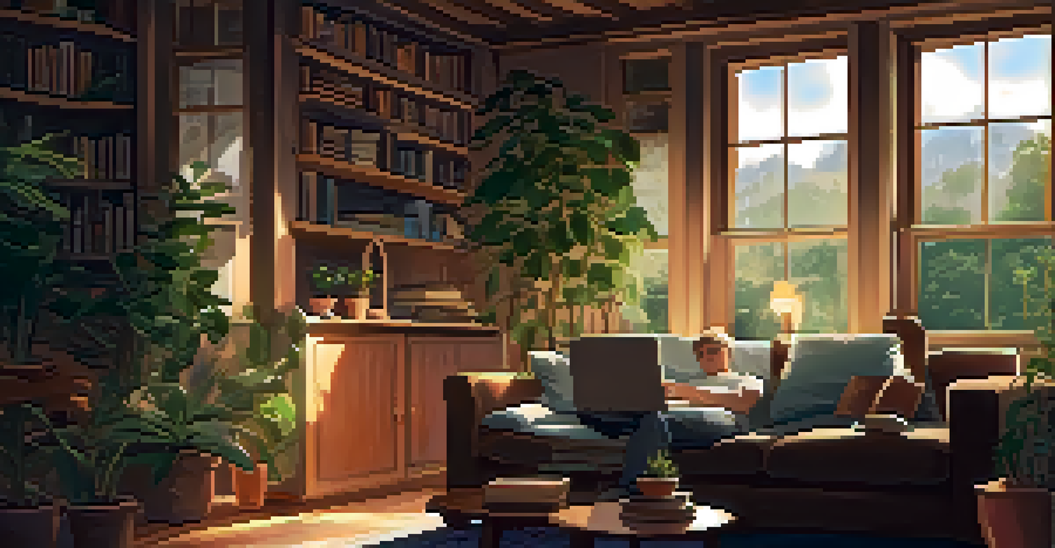 A person journaling on a couch in a warmly lit room, surrounded by plants and books, reflecting on their thoughts.