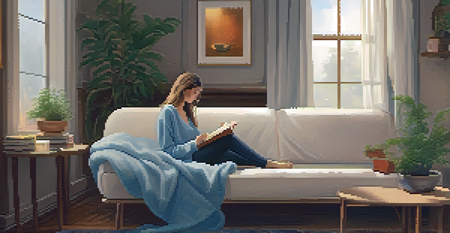 A woman reading a book on a couch in a cozy indoor setting, surrounded by warm lighting and plants.