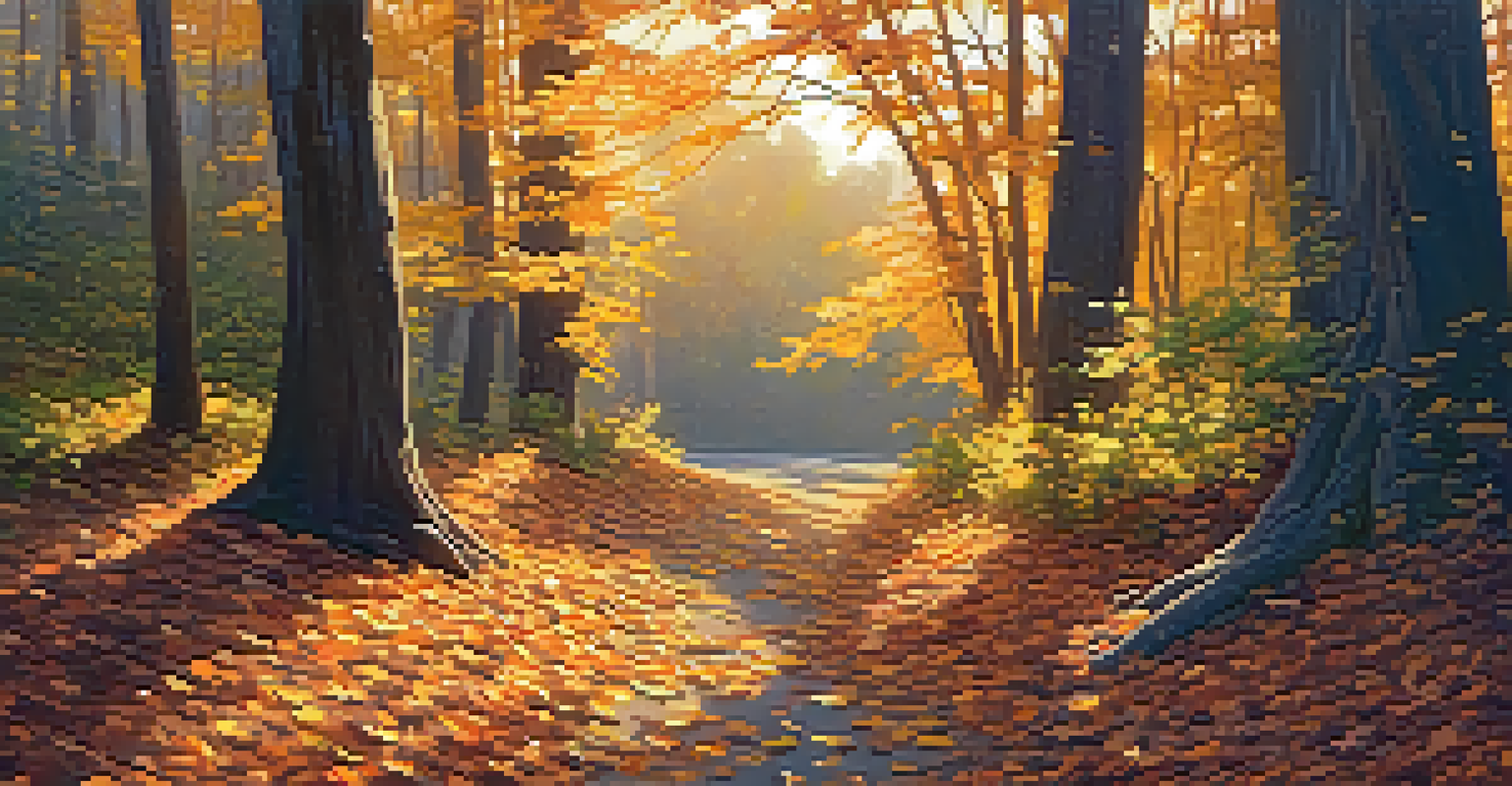 Mature marijuana plants in an autumn setting, with warm-colored leaves and golden sunlight filtering through trees.