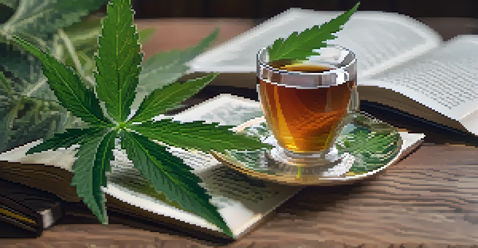 A hand holding a green cannabis leaf with an open book and herbal tea in the background.
