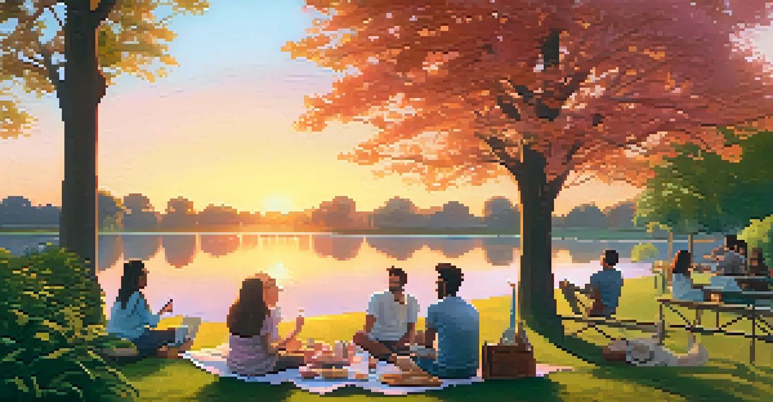 A group of friends having a picnic in a park during sunset, with vibrant colors in the sky and a joyful atmosphere.