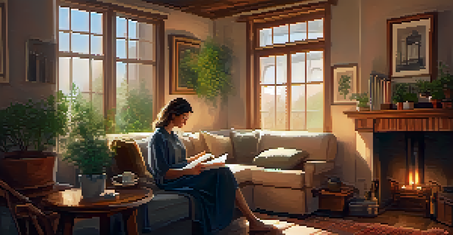 A person relaxing on a couch with a cup of tea and an open journal in a warm, cozy room.