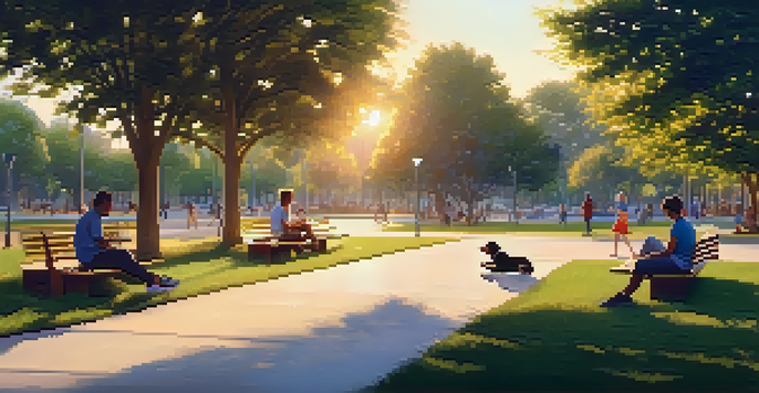 A peaceful urban park at sunset with people talking, children playing, and a dog resting, showcasing a sense of community.