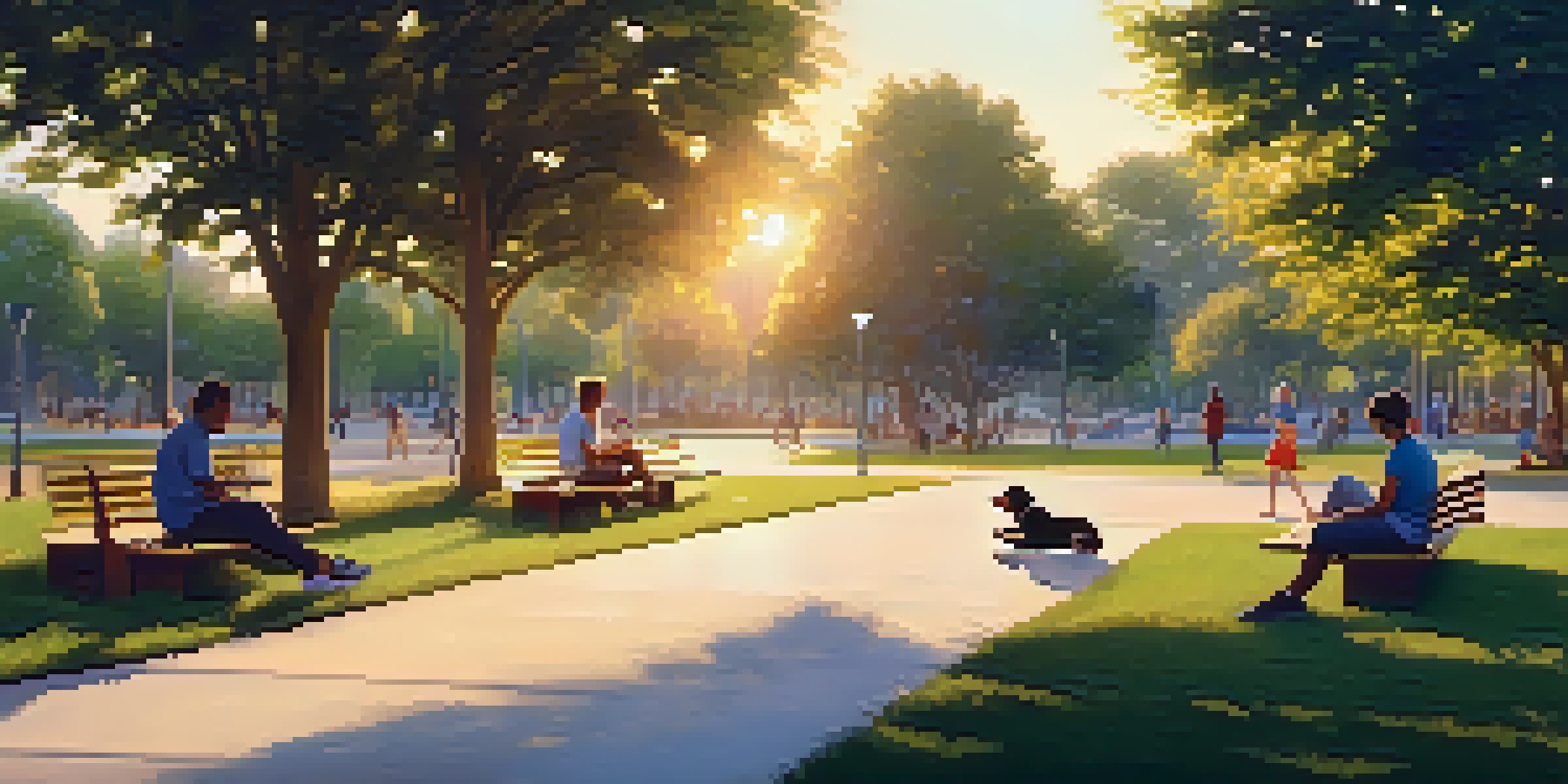 A peaceful urban park at sunset with people talking, children playing, and a dog resting, showcasing a sense of community.