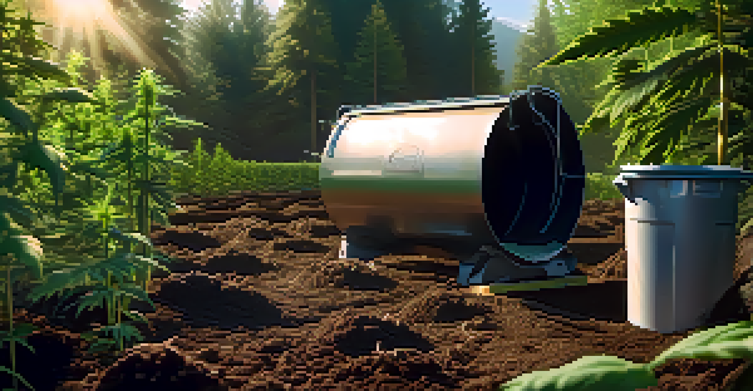 A farmer composting plant trimmings on a cannabis farm, promoting sustainable practices.