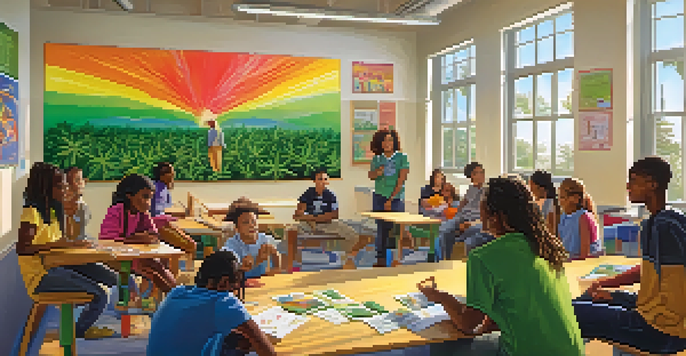 A diverse group of young students participating in an interactive discussion about marijuana education in a bright classroom.