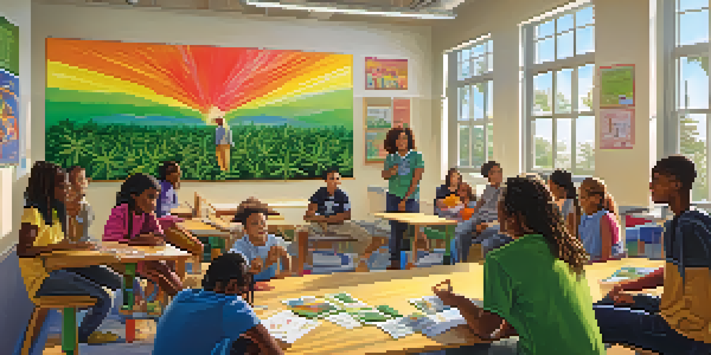 A diverse group of young students participating in an interactive discussion about marijuana education in a bright classroom.