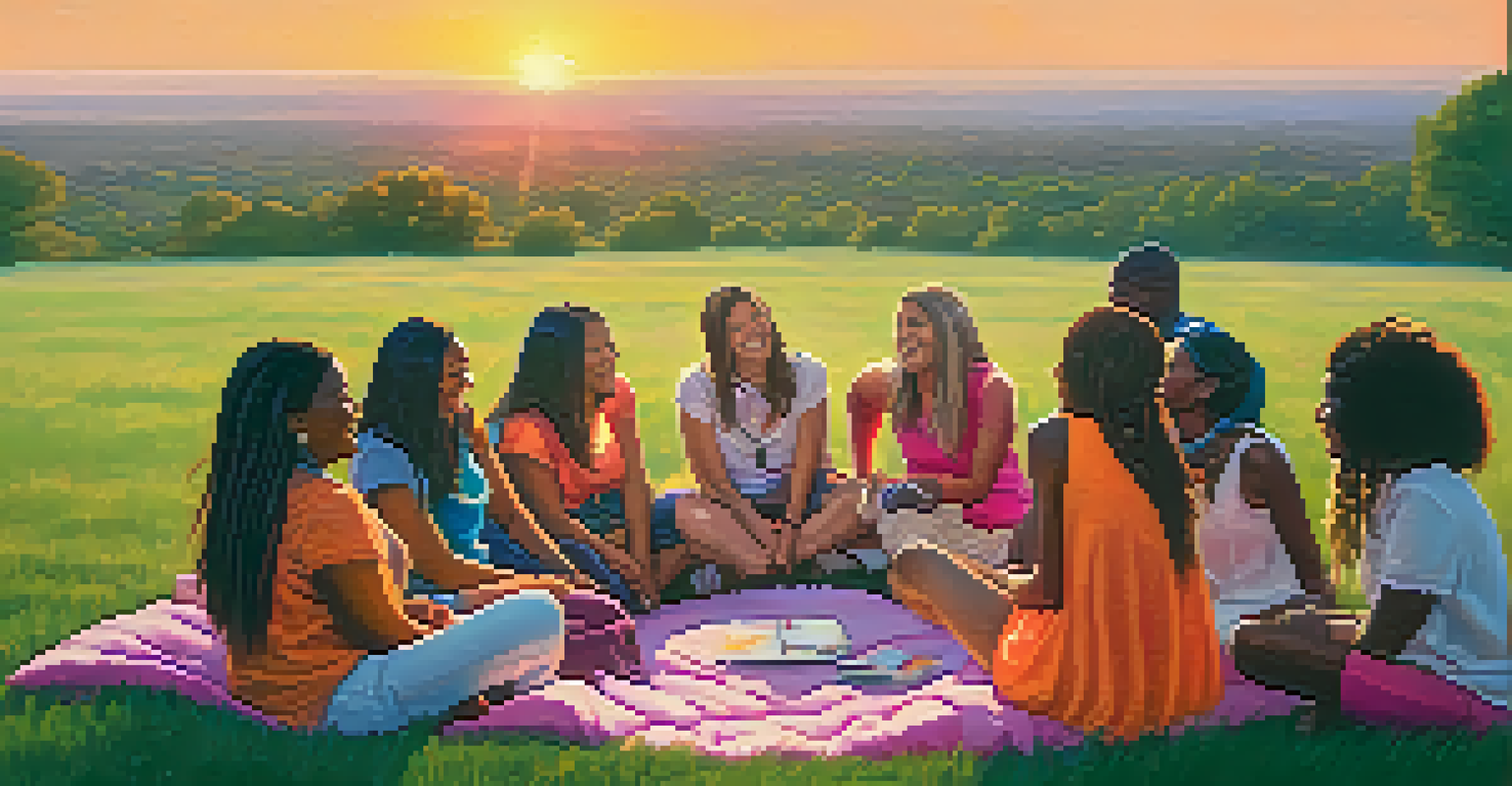 A diverse group of women sitting together on grass, sharing stories and laughing, with a colorful sunset in the background.