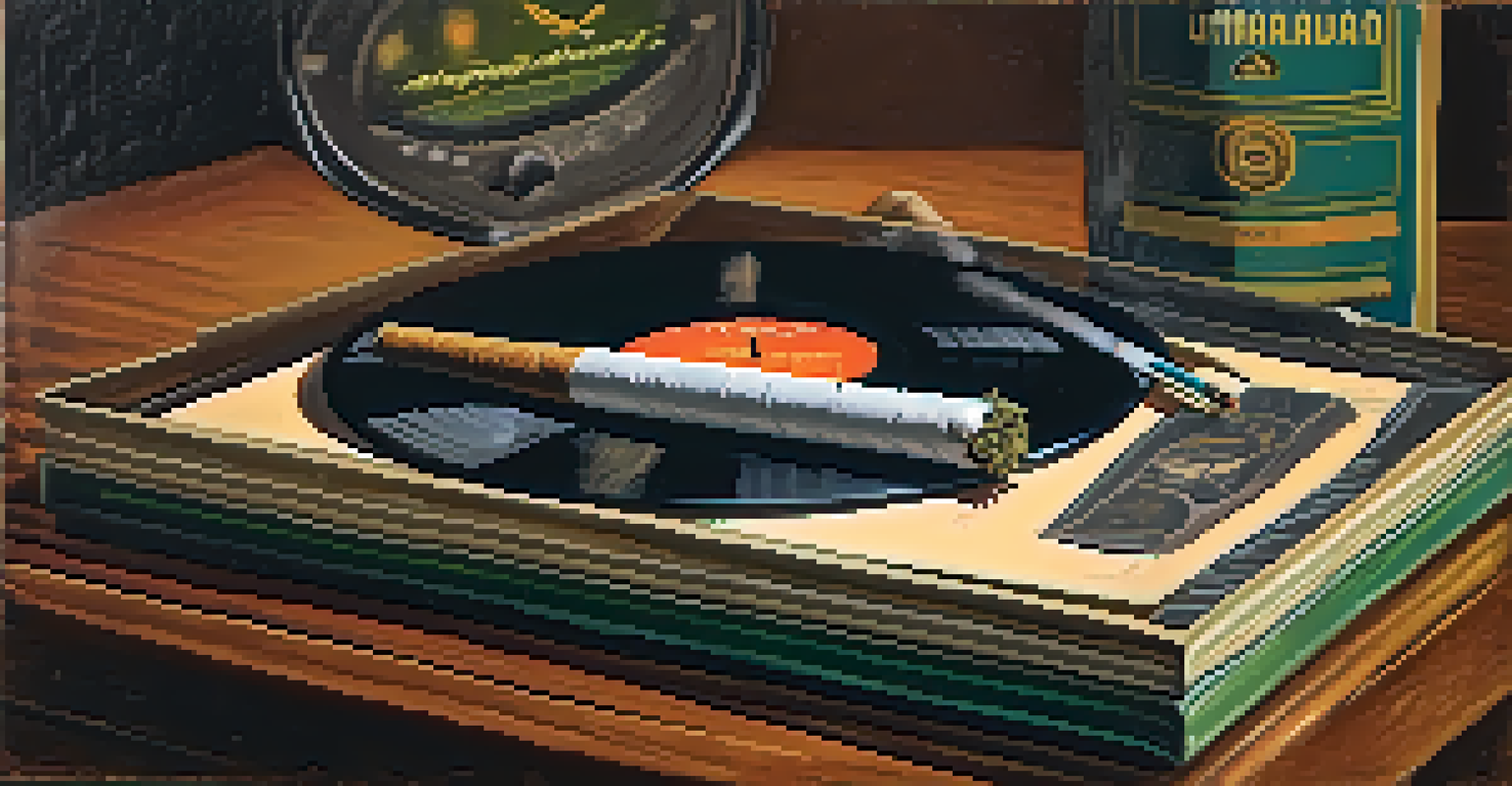 A close-up of a marijuana cigarette on a jazz record, showcasing textures and a nostalgic atmosphere.