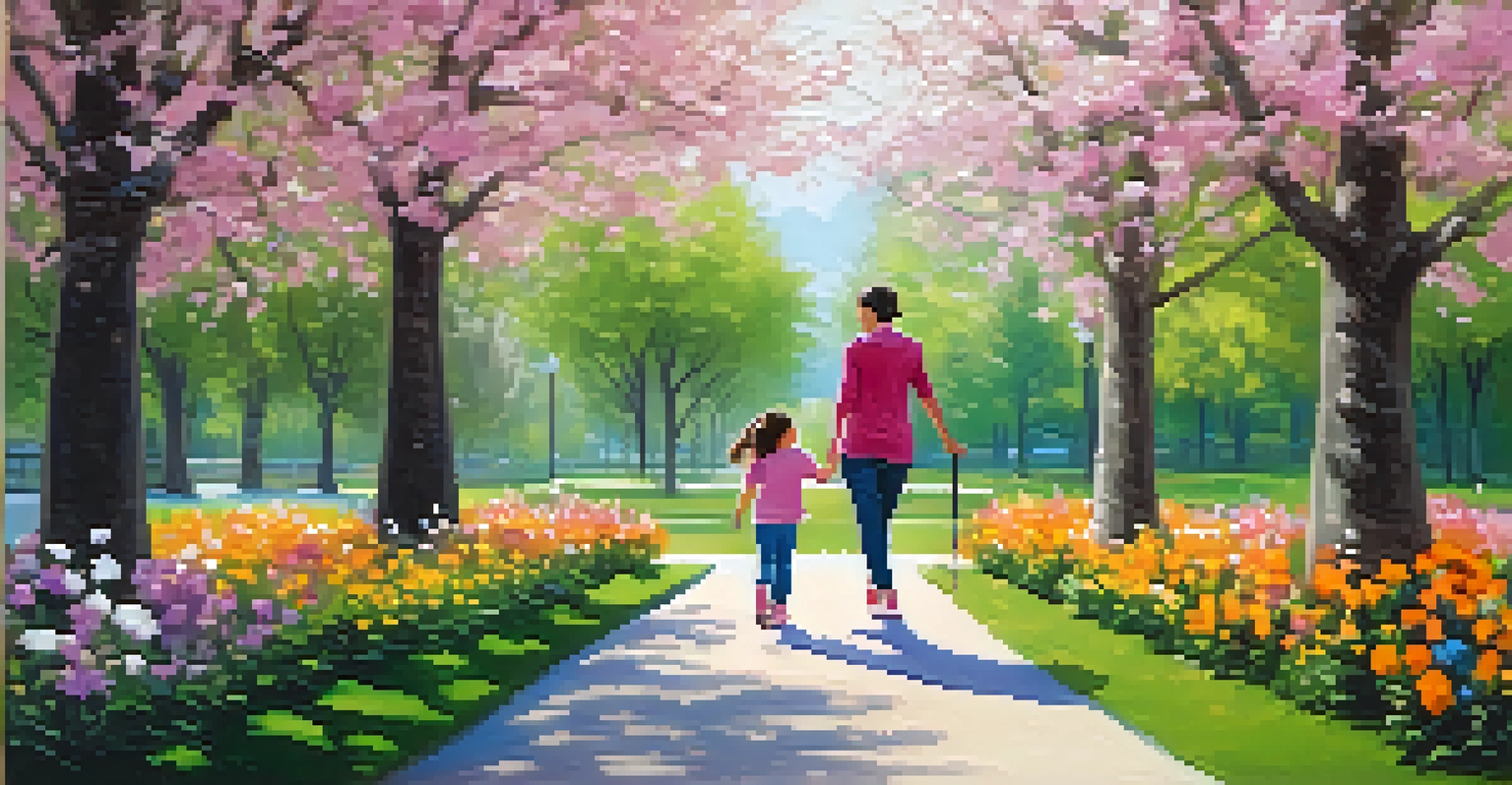 A parent and child walking together in a sunny park filled with flowers and trees.