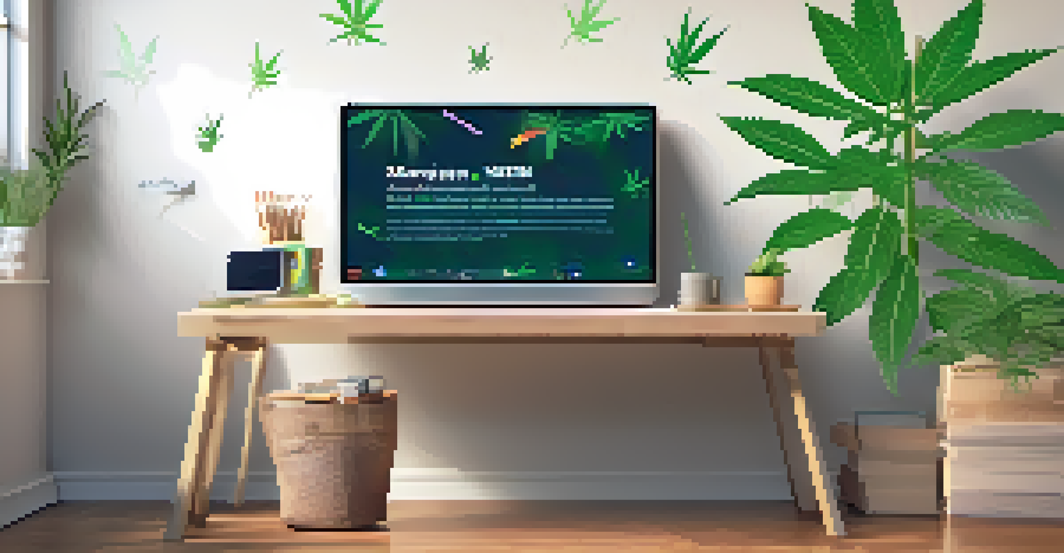 A close-up of a digital device showcasing an interactive app about marijuana education with vibrant graphics in a modern workspace.