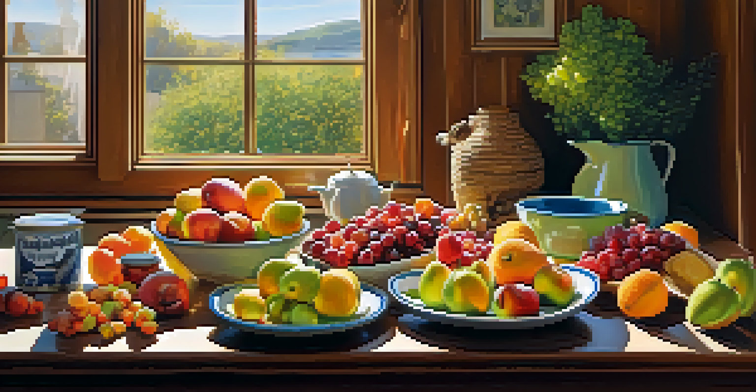 A rustic kitchen table with various colorful fruits and snacks, bathed in warm sunlight.