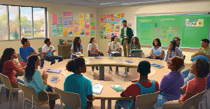 A diverse group of students in a bright classroom participating in a discussion about marijuana education, with supportive expressions and engaging body language.