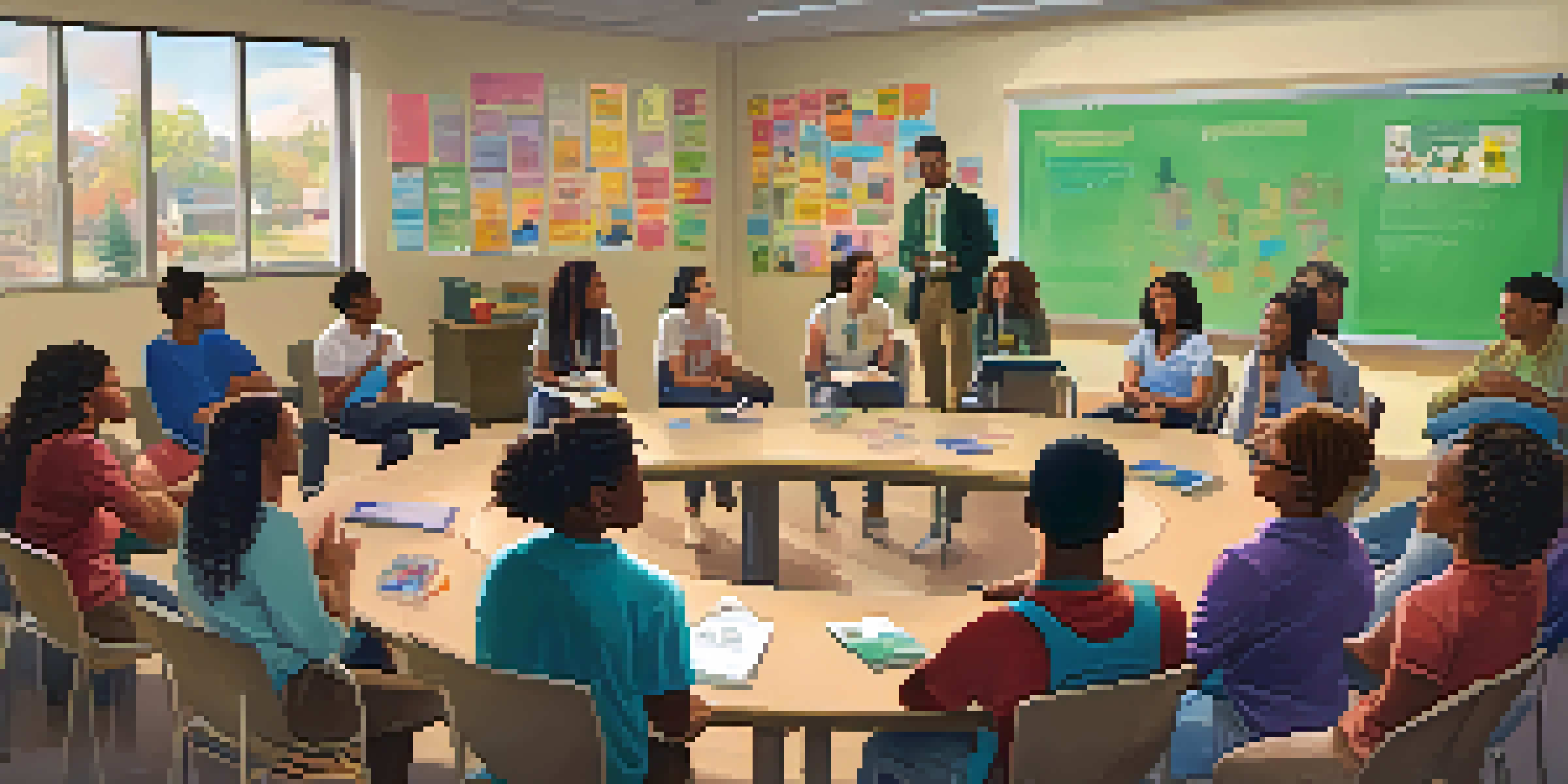 A diverse group of students in a bright classroom participating in a discussion about marijuana education, with supportive expressions and engaging body language.