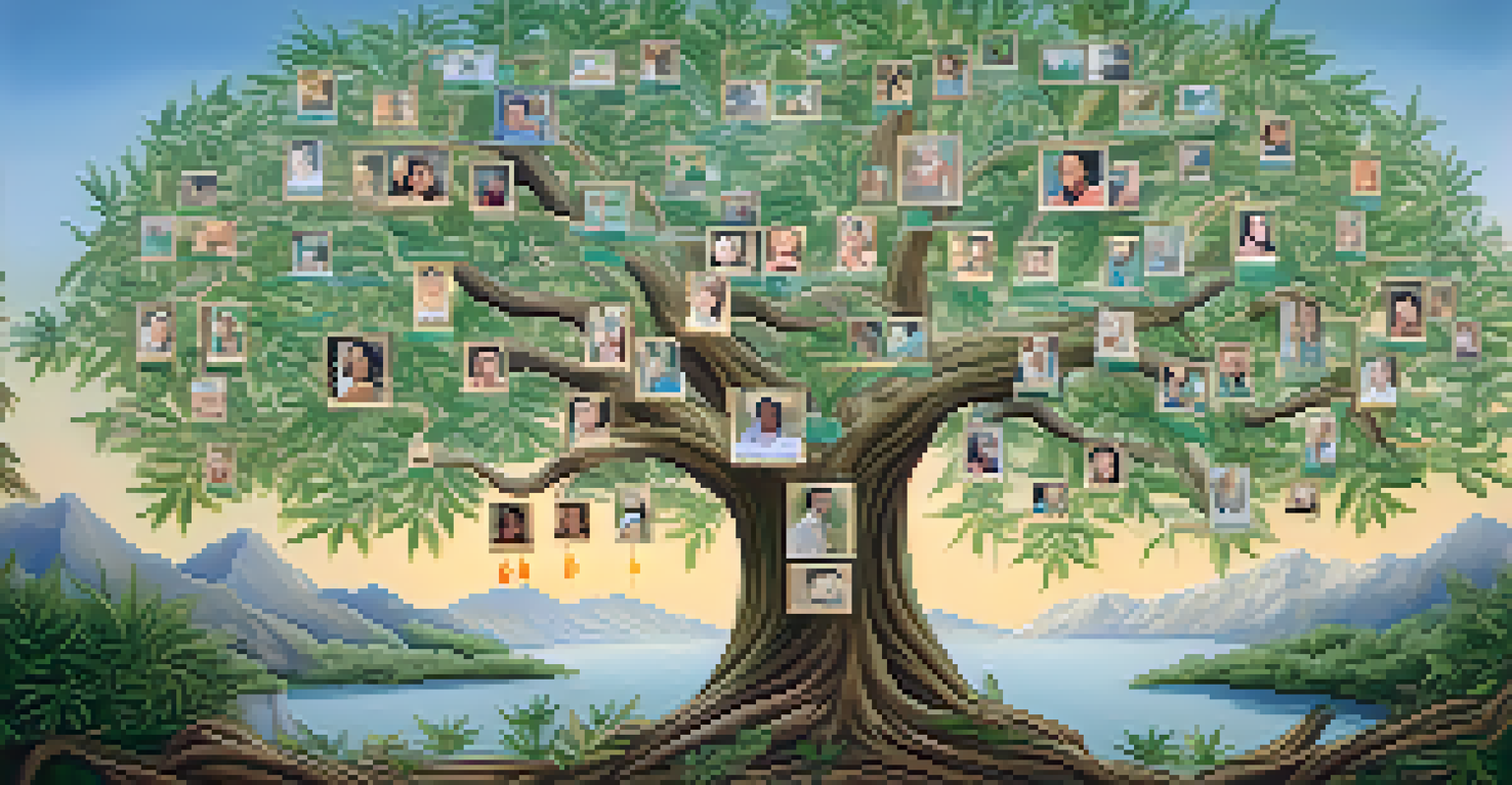 An artistic family tree representing different perspectives on marijuana use with cultural symbols and health considerations.