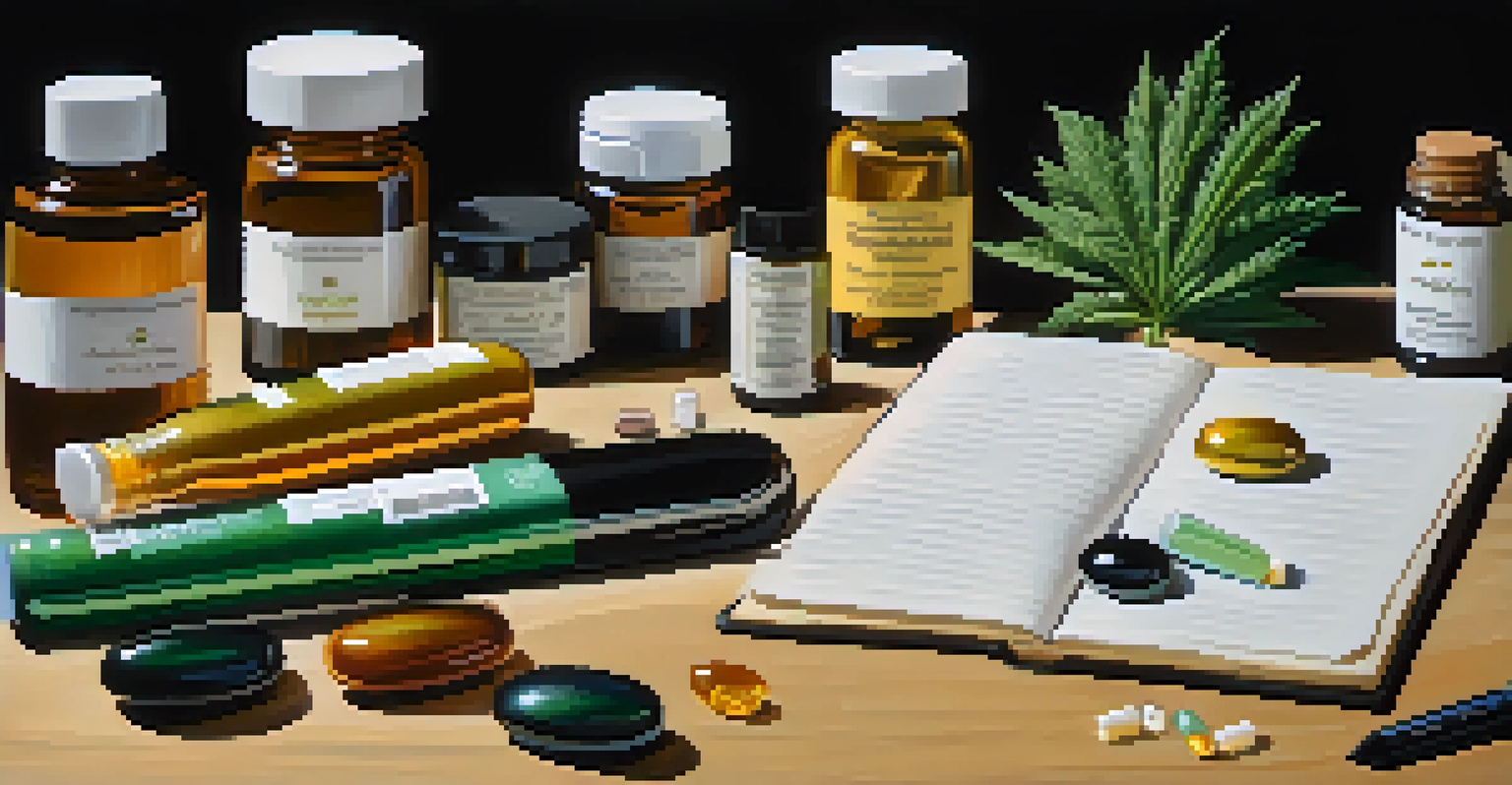 A collection of CBD products including oils, capsules, and creams on a wooden table, with natural light illuminating the scene and a notebook beside them.