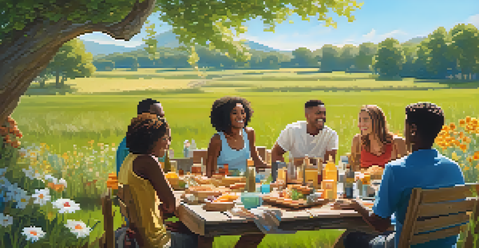 A vibrant picnic scene on a sunny day with a wooden table full of snacks and a diverse group of young adults enjoying their time together in a green field.