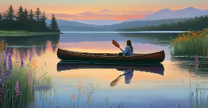 A peaceful sunset over a calm lake with wildflowers in the foreground and a canoe on the water.