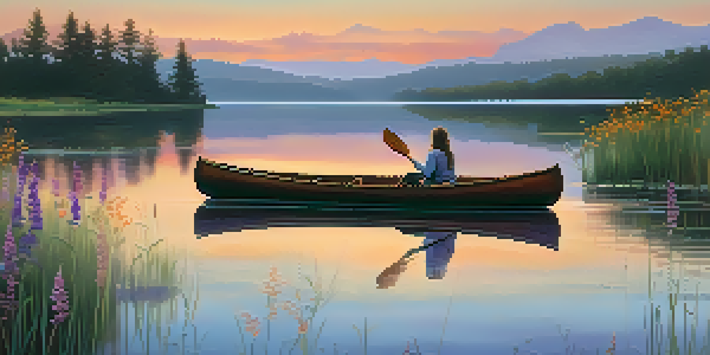 A peaceful sunset over a calm lake with wildflowers in the foreground and a canoe on the water.