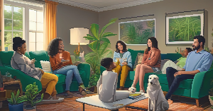 A diverse family gathering in a cozy living room discussing cannabis, with engaged family members and a warm atmosphere.