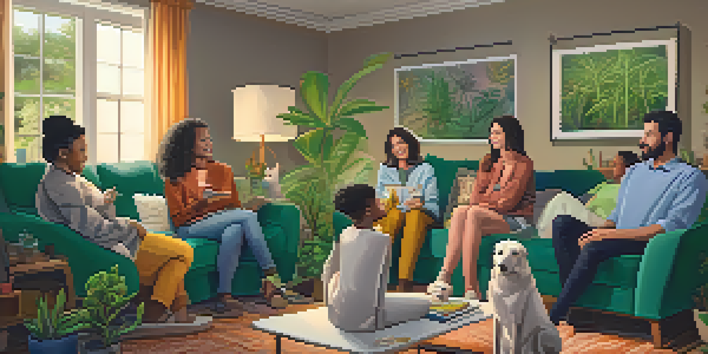 A diverse family gathering in a cozy living room discussing cannabis, with engaged family members and a warm atmosphere.