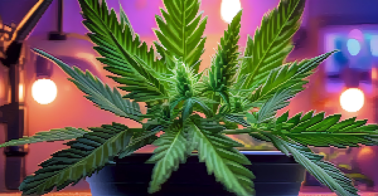 A close-up of a healthy marijuana plant with detailed leaves, illuminated by LED lights, with a blurred background of other plants and gardening tools.