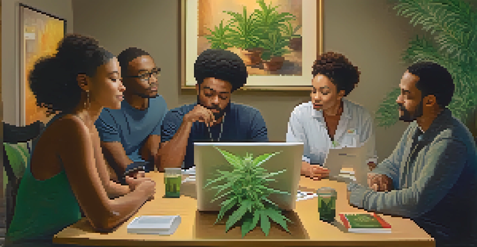 A diverse group of people discussing medical marijuana at a table filled with brochures and a small cannabis plant.