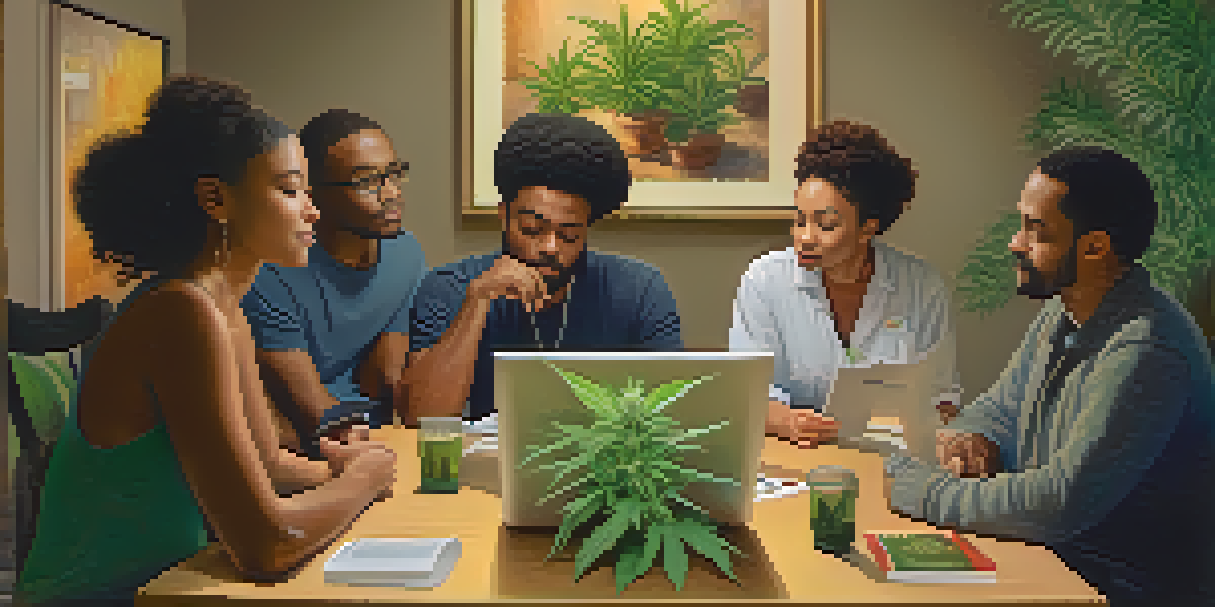 A diverse group of people discussing medical marijuana at a table filled with brochures and a small cannabis plant.