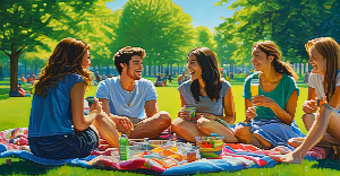A lively group of young adults having fun in a park under a clear blue sky.