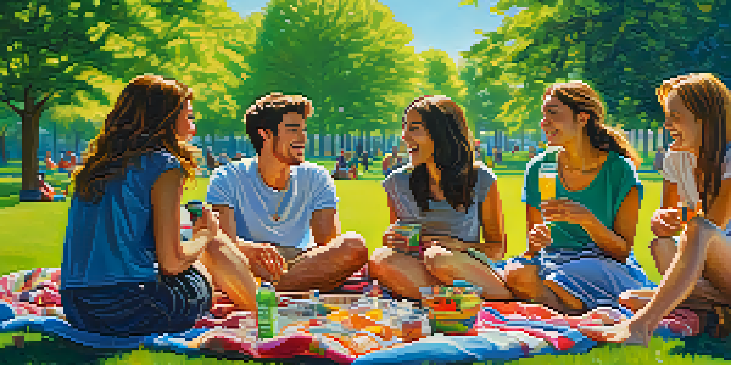A lively group of young adults having fun in a park under a clear blue sky.