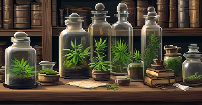 A vintage apothecary scene showcasing glass jars of herbs, including cannabis, with warm lighting and wooden shelves filled with medical books.