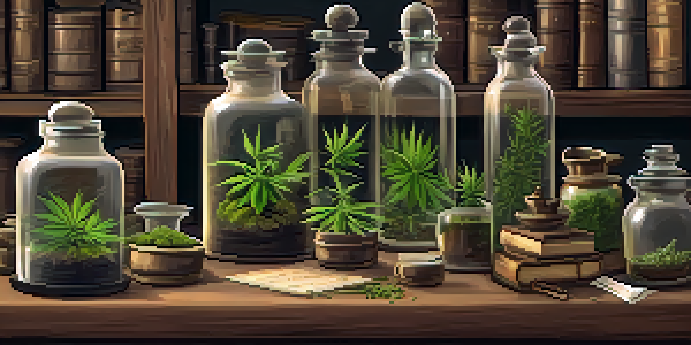 A vintage apothecary scene showcasing glass jars of herbs, including cannabis, with warm lighting and wooden shelves filled with medical books.