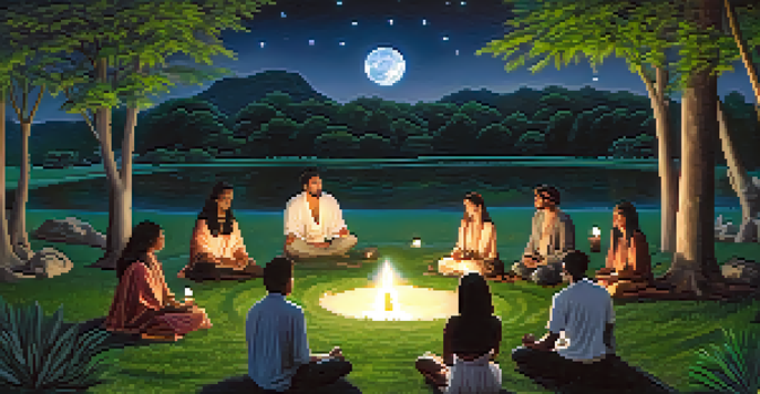 A group of people participating in a full moon ritual outdoors, with an altar in the center surrounded by nature and soft lighting.