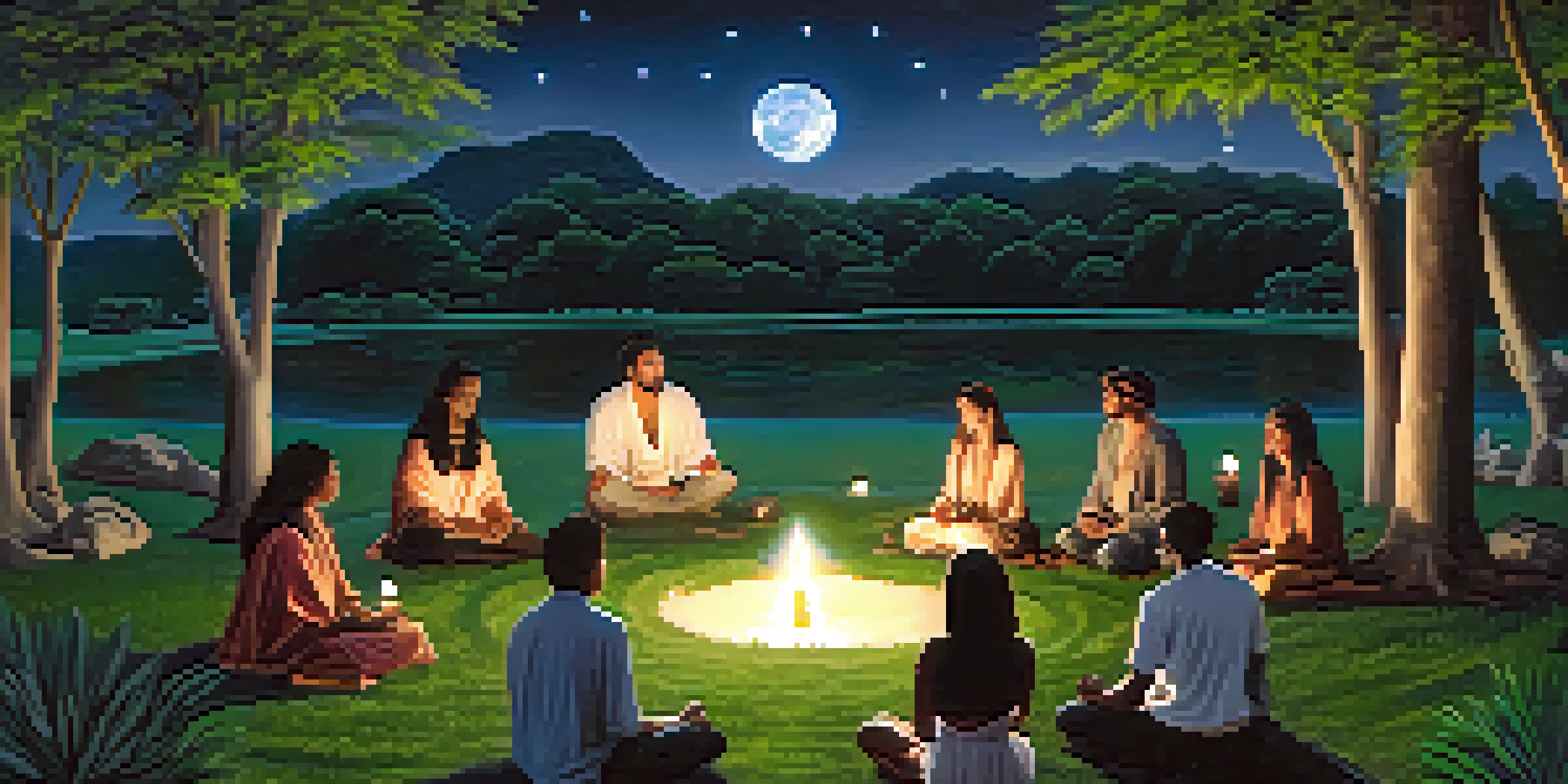 A group of people participating in a full moon ritual outdoors, with an altar in the center surrounded by nature and soft lighting.