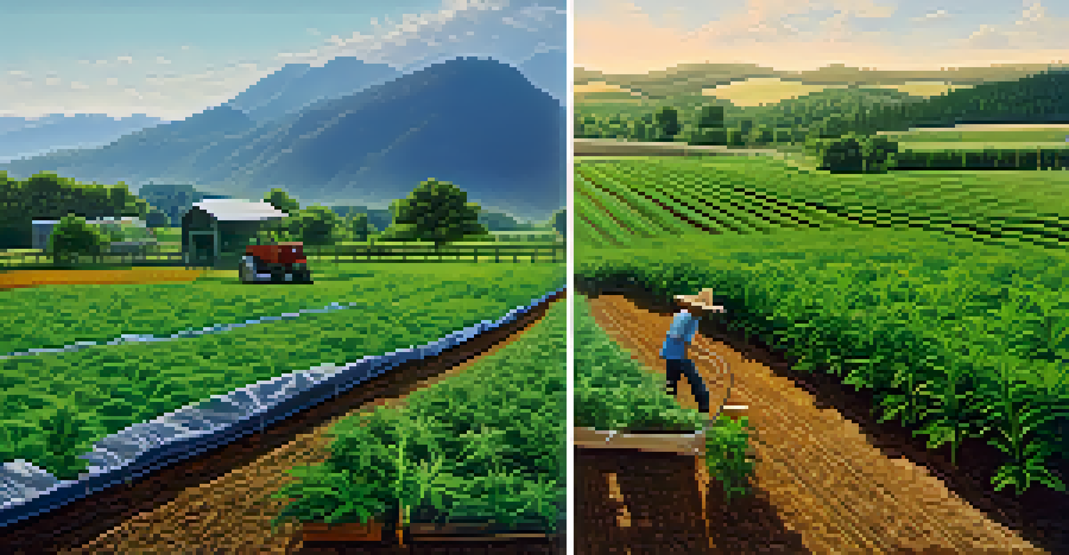 A split image showing organic marijuana farming on the left and conventional farming on the right, illustrating their differences.