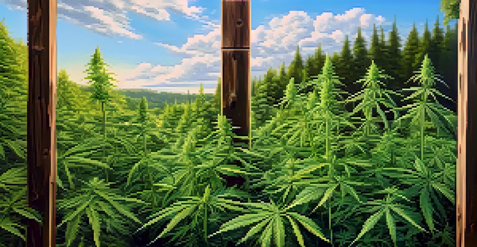 A medical marijuana garden with vibrant green plants and a blue sky, framed by a rustic wooden fence.