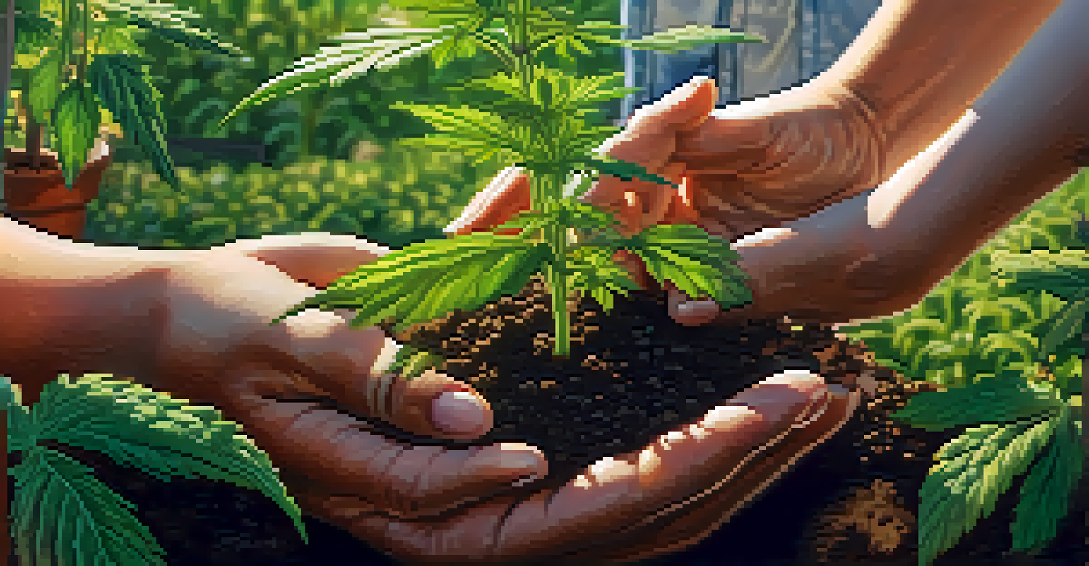 Hands planting seeds in a community garden with a blurred cannabis dispensary in the background, symbolizing growth and empowerment.