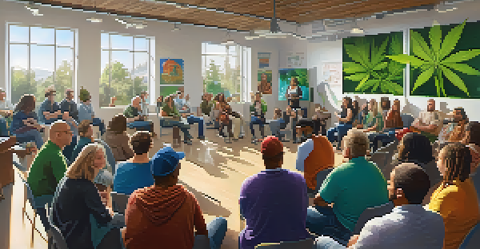 A diverse group of people in a community meeting discussing marijuana legalization, with posters and natural lighting.