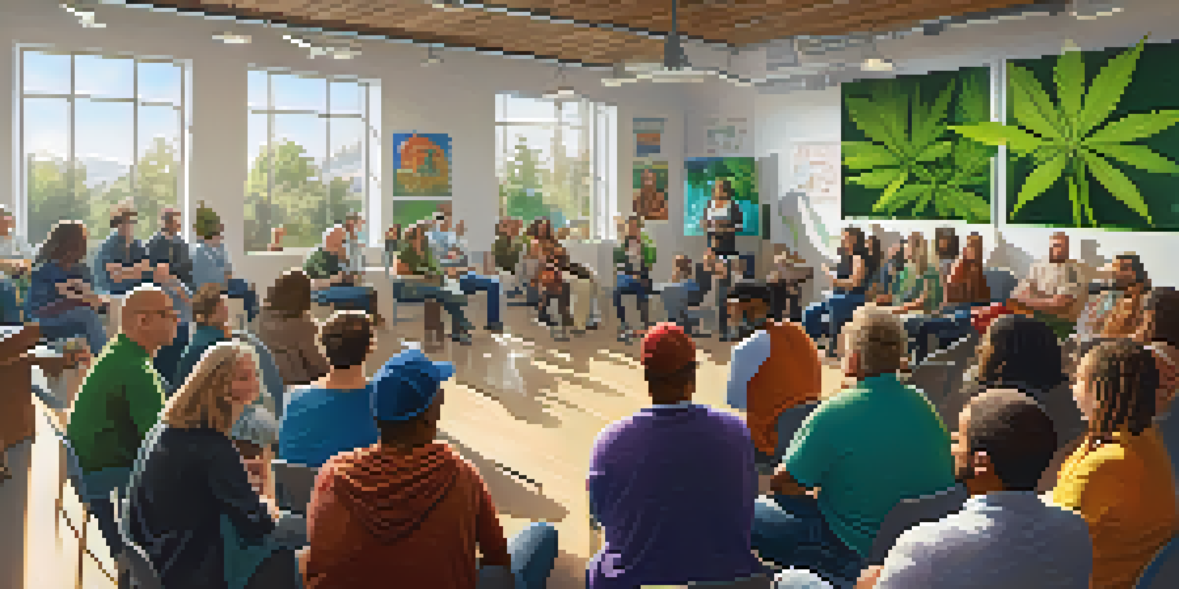 A diverse group of people in a community meeting discussing marijuana legalization, with posters and natural lighting.