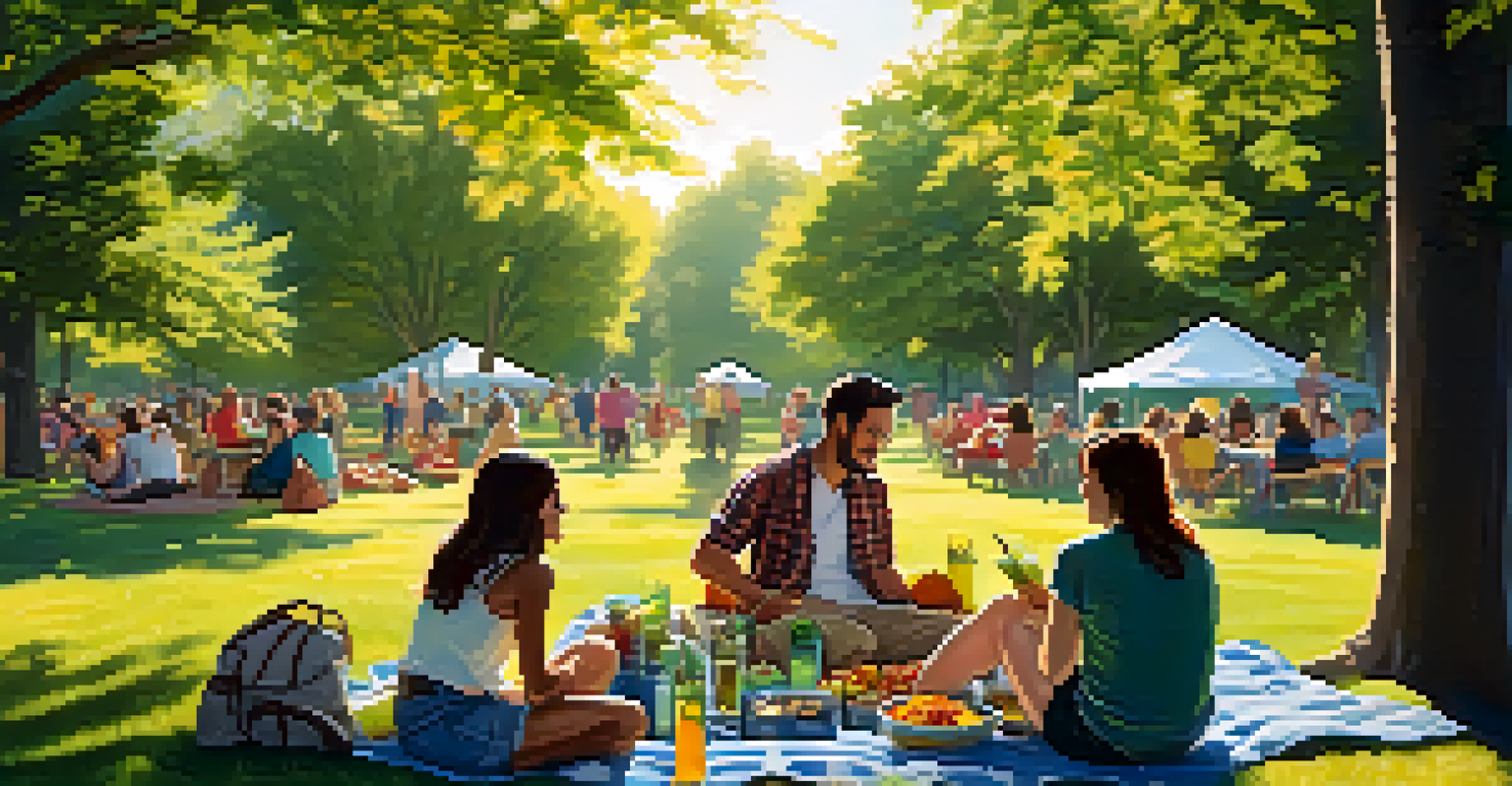 A vibrant outdoor picnic in a park with a group of people enjoying food and drinks while discussing cannabis.