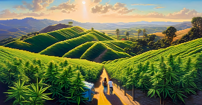 A picturesque view of California's rolling hills with lush cannabis plants and a dispensary in the background under a clear blue sky.