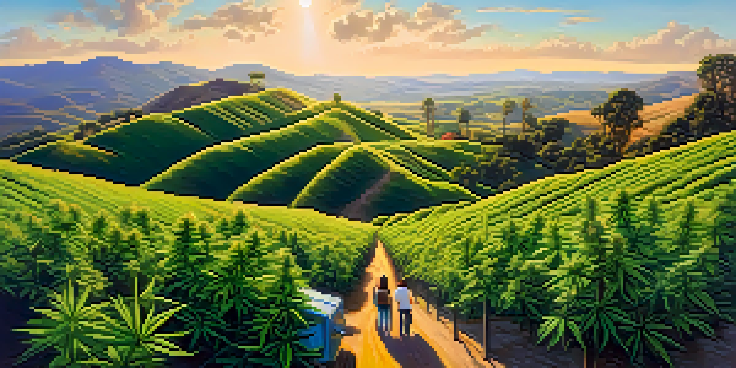 A picturesque view of California's rolling hills with lush cannabis plants and a dispensary in the background under a clear blue sky.