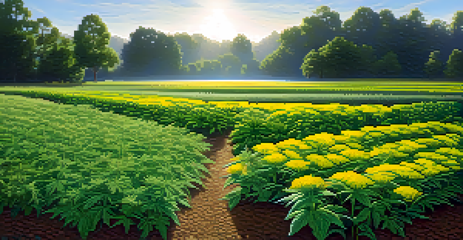 Close-up of marijuana plants with diverse crops and healthy soil under soft morning light.