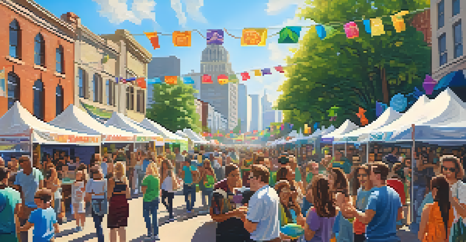A lively street festival celebrating cannabis culture with booths, people, and bright decorations.