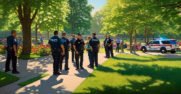 A group of first responders in a park, engaged in a supportive conversation amidst greenery and sunlight.