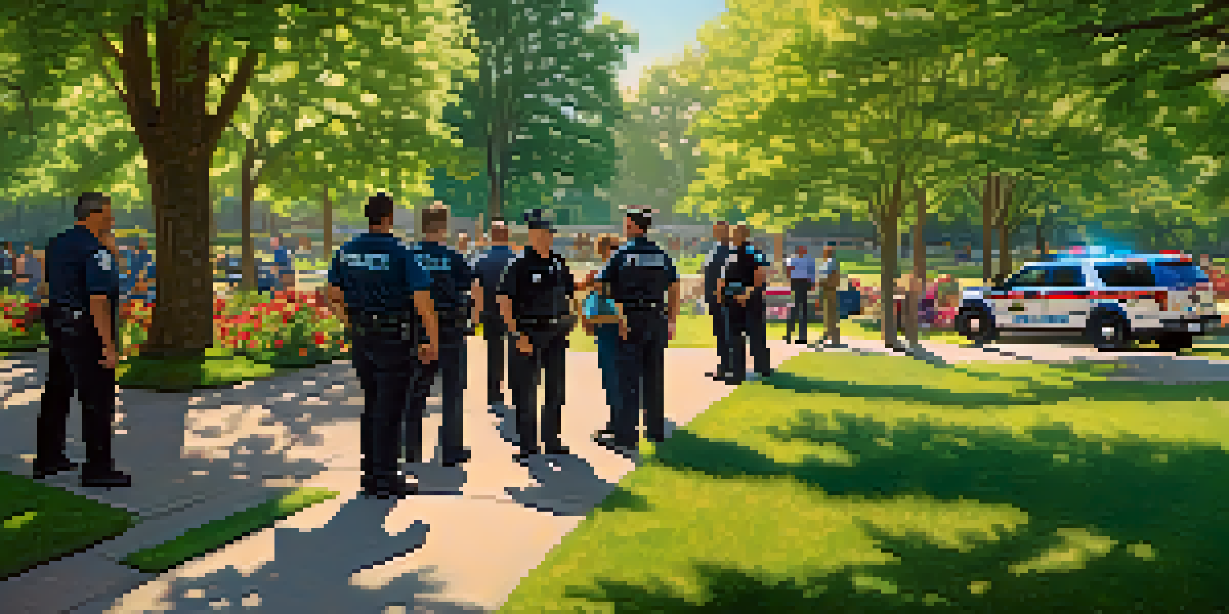 A group of first responders in a park, engaged in a supportive conversation amidst greenery and sunlight.