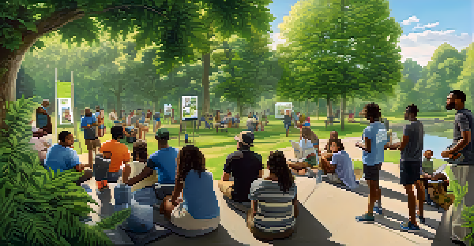 A community health workshop in a park about responsible marijuana use, with diverse people and educational posters.