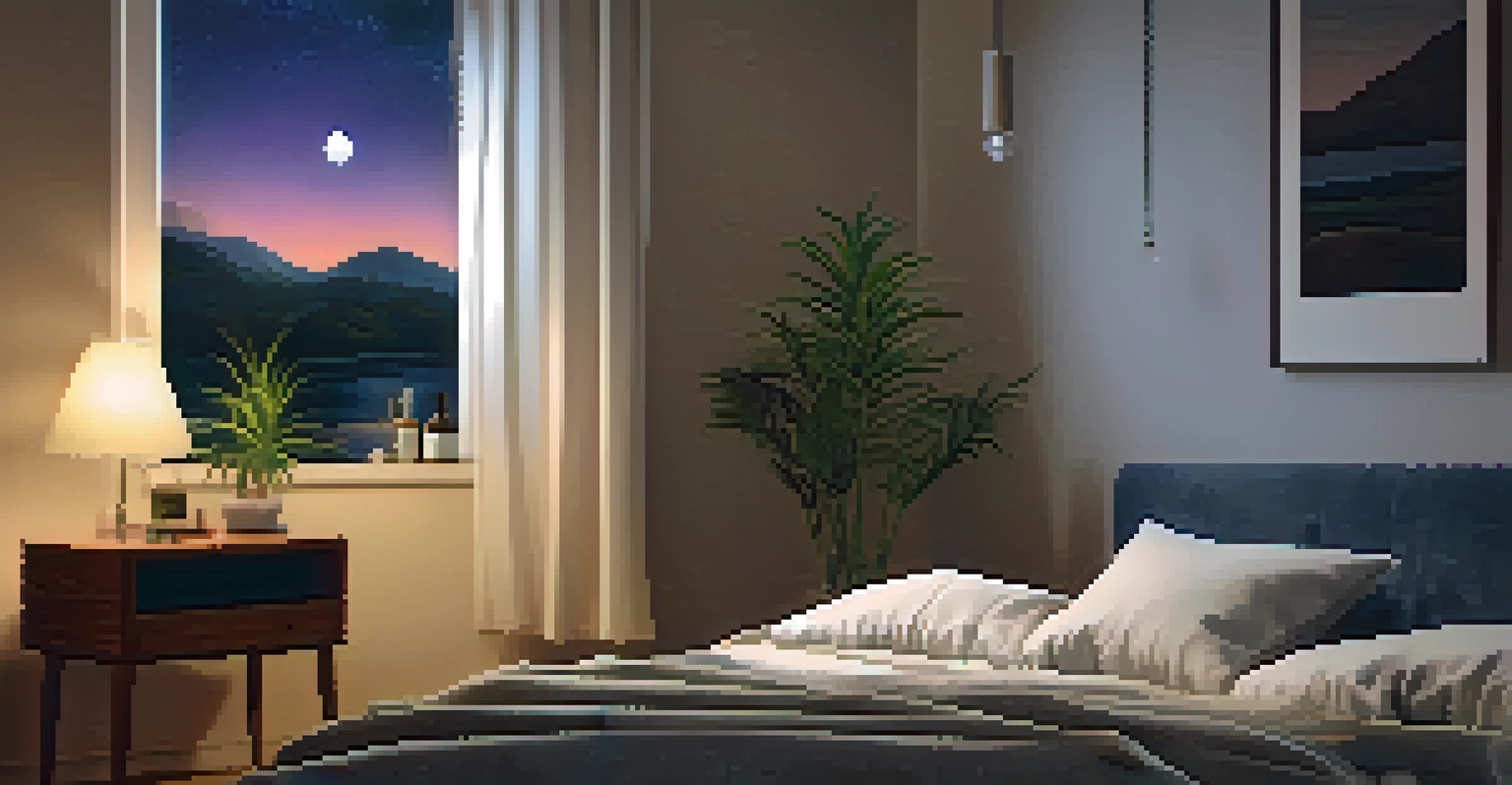 A peaceful bedroom at night with a person sleeping, soft lighting, and a bedside table with a plant and CBD oil.