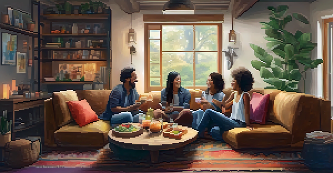 A warm indoor gathering with friends sitting together, laughing and enjoying each other's company in a cozy atmosphere.