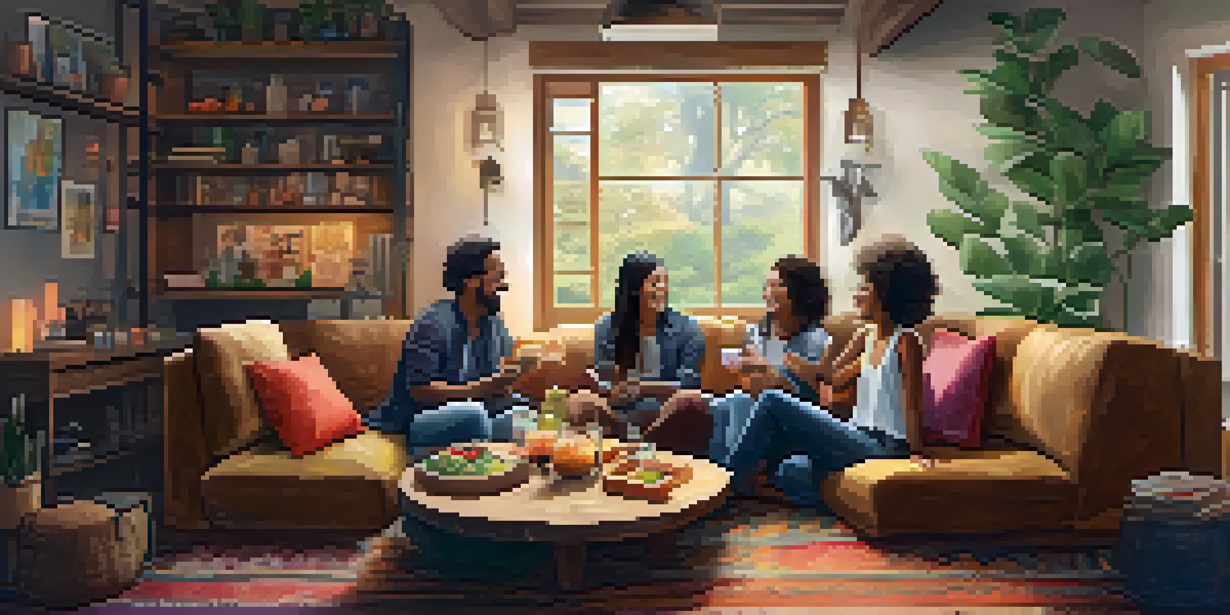 A warm indoor gathering with friends sitting together, laughing and enjoying each other's company in a cozy atmosphere.